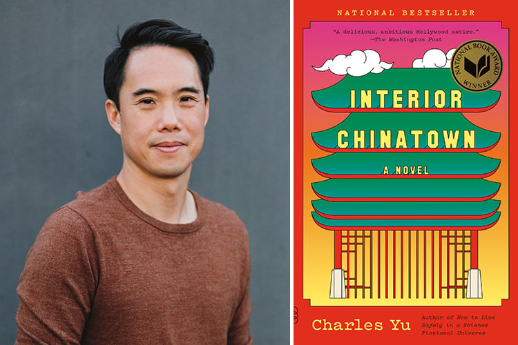 Author Charles Yu and the cover of his book Interior Chinatown