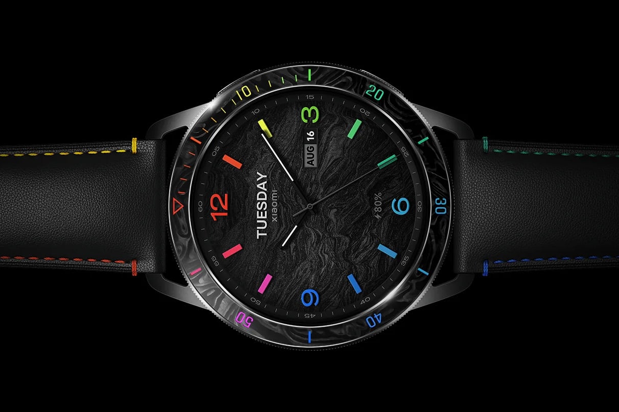 Xiaomi Watch S3 with a rainbow-themed forged carbon bezel, leather strap, and exclusive watch face.