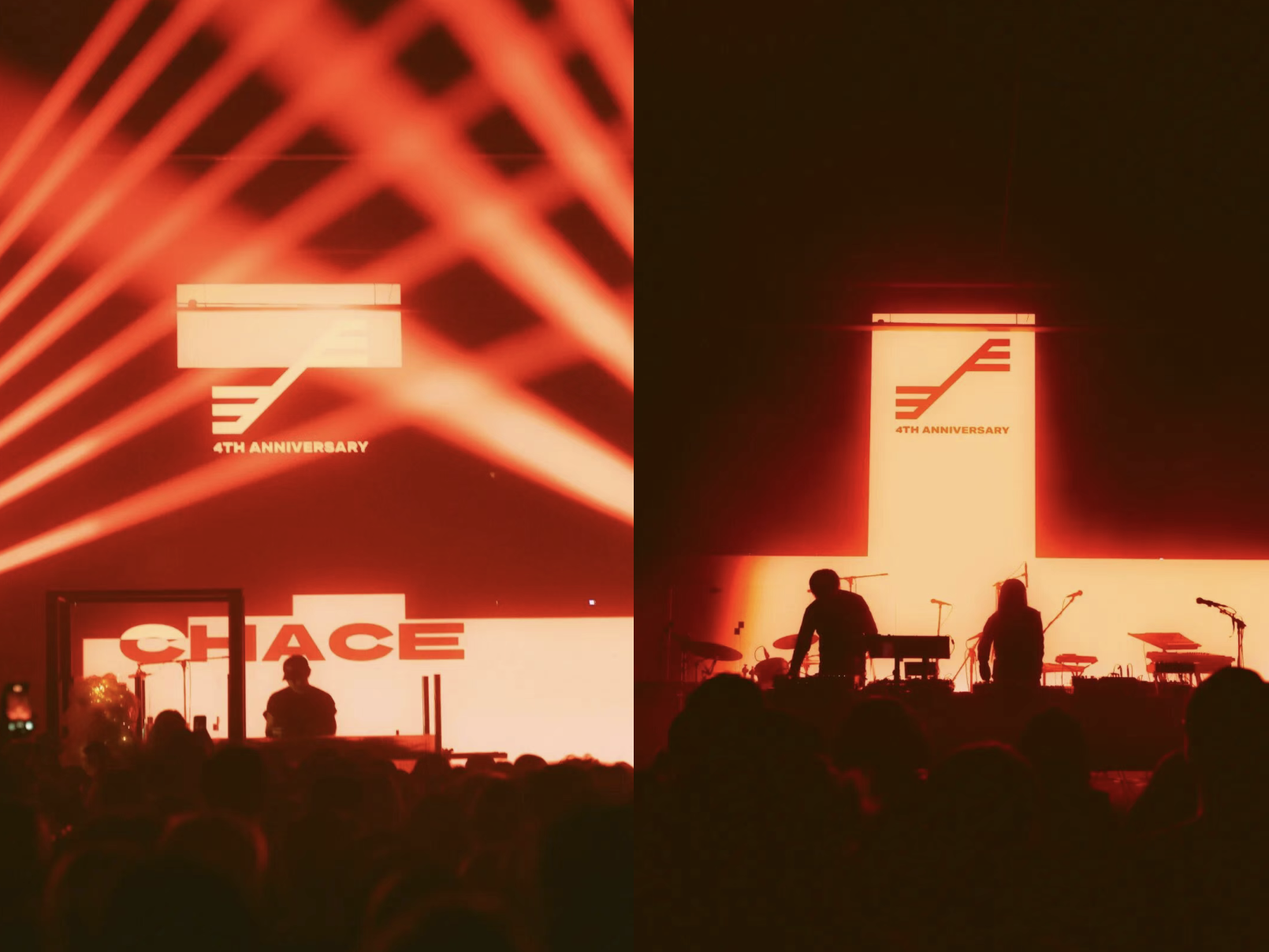 A wide view of SYSTEM’s anniversary stage featuring layered screens, colored lights and moving graphics projected across a scaffold structure.