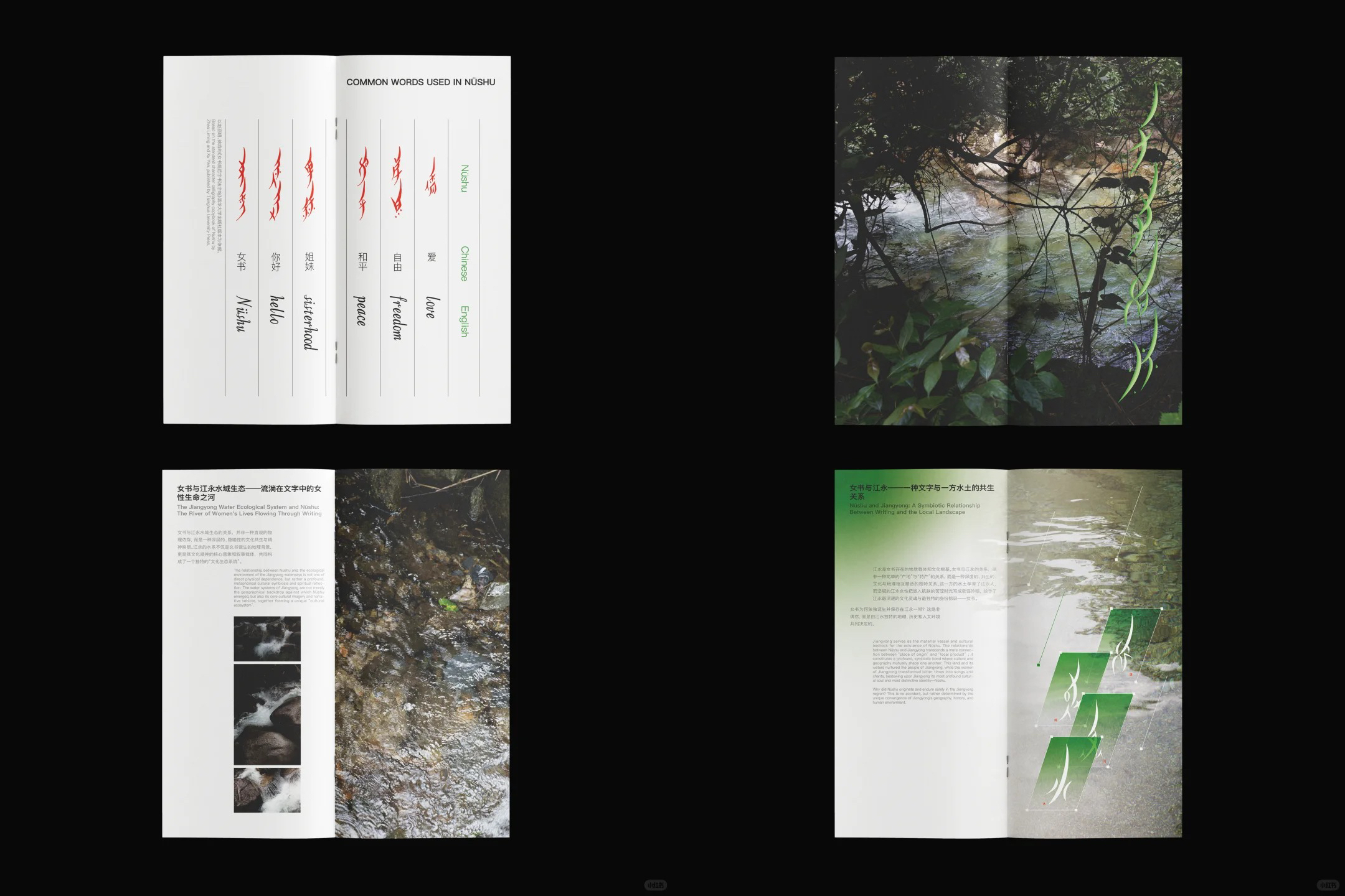 Artist’s zine combining text and imagery to explore connections between Jiangyong’s landscape and nüshu heritage.